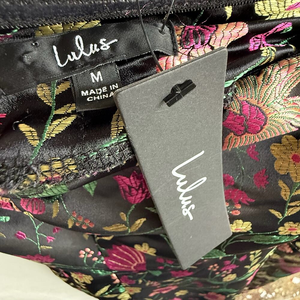 Lulus Floral Midi Dress Black Satin Strapless Jacquard Brocade Cocktail Evening - Picture 6 of 7